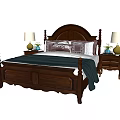 Classic Walnut Double Bed With Carved Headboard Bedside Tables And Table Lamps 3d model