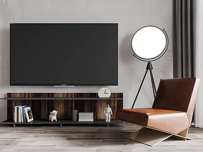Modern Wooden TV Stand With Large TV Open Storage Books Decor Leather Chair Round Lamp 3d model