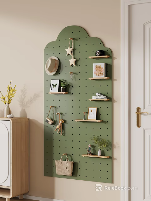 Creative Hanging Wall Decorations on Green Pegboard with Hat Stars Camera Frames Plants and Books 3d model 