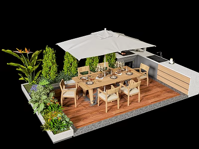 Outdoor Dining Table On Wooden Deck With White Umbrella Wooden Chairs And Green Plants 3d model