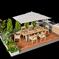 Outdoor Dining Table On Wooden Deck With White Umbrella Wooden Chairs And Green Plants