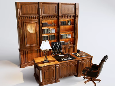 Wooden Office Desk With Table Lamp And Black Leather Chair Near Large Bookshelf 3d model