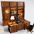 Wooden Office Desk With Table Lamp And Black Leather Chair Near Large Bookshelf