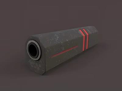 Gray Cylindrical Weapon With Worn Surface Red Stripes And Circular Opening Design 3d model