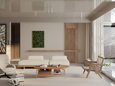 Modern Living Room Interior Design With Light Sofa Wooden Coffee Table And Green Artwork 3d model