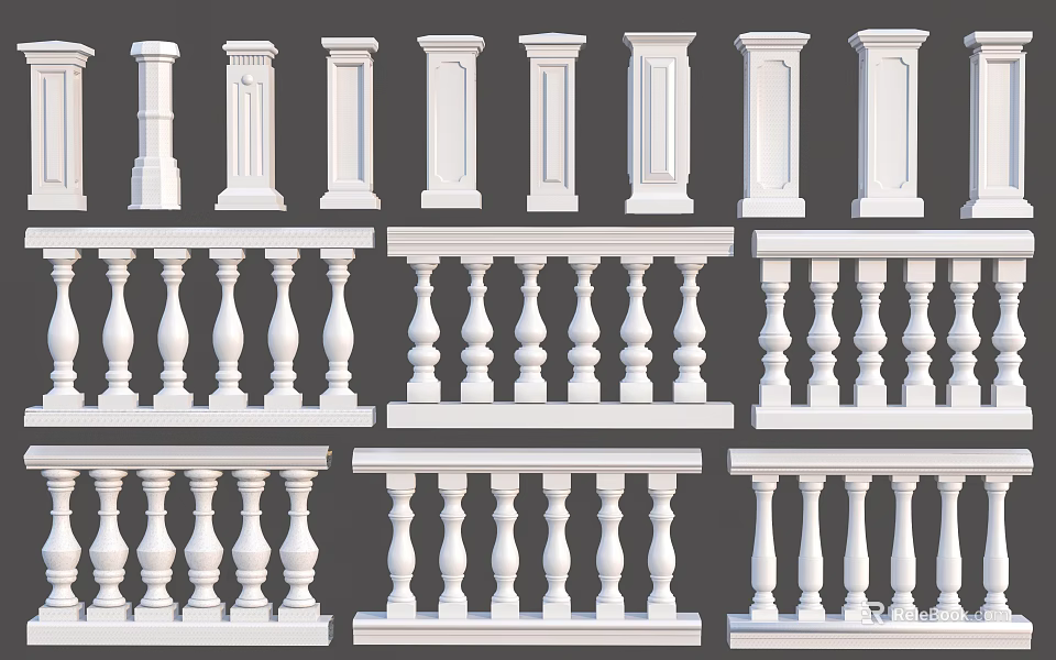 Architectural White Railing With Various Decorative Balusters and Posts 3d model 