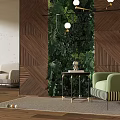 Stylish Green Armchair in Modern Interior with Wooden Wall Panel Greenery and Side Table Decor