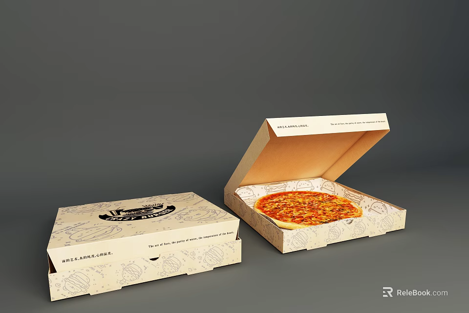 Open And Closed Pizza Boxes With Illustrations And Fresh Pizza Inside 3d model