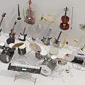 Various Musical Instruments Collection Featuring Cello Violin Guitar Drum Set and Keyboard 3d model
