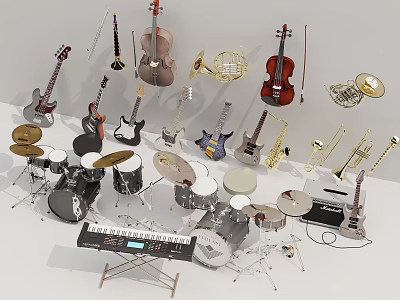 Various Musical Instruments Collection Featuring Cello Violin Guitar Drum Set and Keyboard 3d model