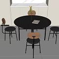 Minimalist Round Black Wooden Dining Table Set With Four Wooden Backrest Black Seat Chairs And Simple Vase Decoration