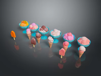 Colorful Ice Cream Cones And Bowls With Various Flavors And Vibrant Arrangement 3d model