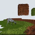 Trimmed Green And Brown Bushes In Garden Landscape With White Deer Grazing On Grass