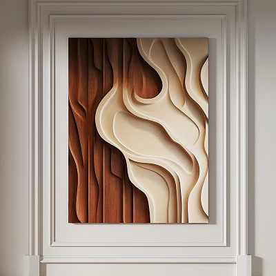 Abstract Painting With Wave Like 3D Texture In Wooden And Cream Tones For Wall Decor 3d model