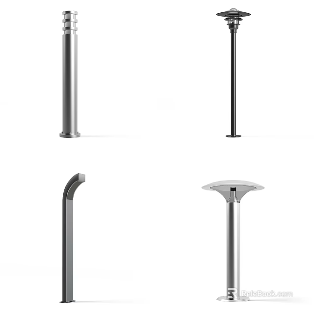 Modern Outdoor Lights With Different Metal Pole Designs In Silver And Black 3d model 