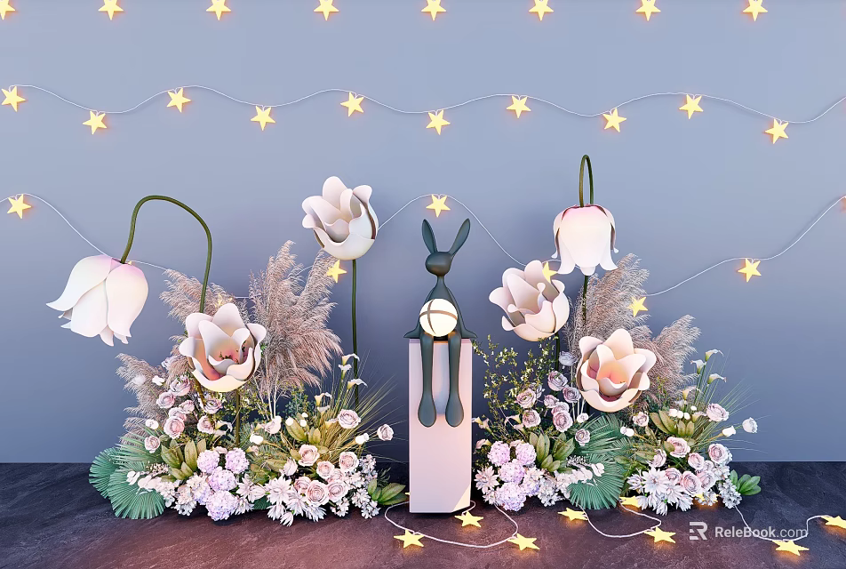 Floral Display With White Flowers Star String Lights Rabbit Figurine And Greenery On Wall Background 3d model 