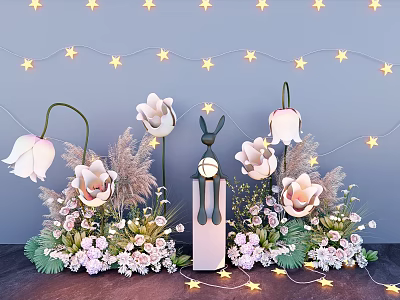 Floral Display With White Flowers Star String Lights Rabbit Figurine And Greenery On Wall Background 3d model
