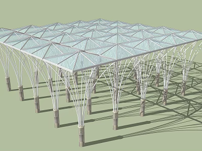 Geometric Glass Roof Structure With White Supporting Columns And Modern Architectural Design 3d model