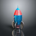 Vibrant Red And Blue Rocket Model With Silver Fins On Reflective Dark Background