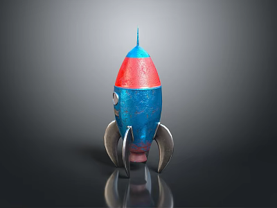 Vibrant Red And Blue Rocket Model With Silver Fins On Reflective Dark Background 3d model