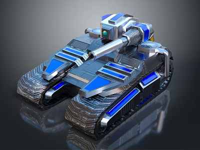 Futuristic Armored Tank With Blue Silver Design Cannon And Tracks 3d model