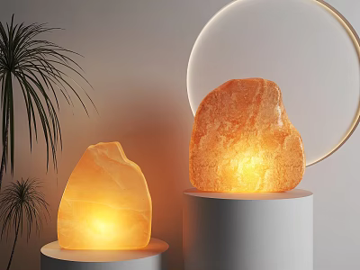 Glowing Himalayan Salt Lamps Decorative Ornament Set With White Pedestals And Palm Plant 3d model