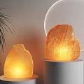Glowing Himalayan Salt Lamps Decorative Ornament Set With White Pedestals And Palm Plant