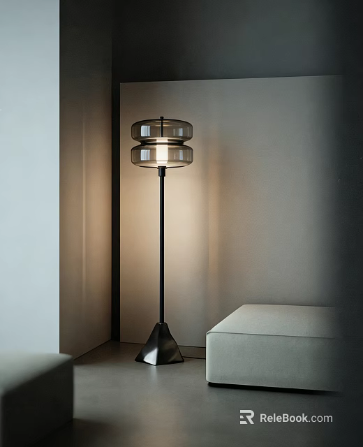 Modern Floor Lamp With Transparent Glass Shade And Black Metal Stand In Minimalist Room 3d model 