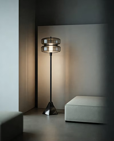 Modern Floor Lamp With Transparent Glass Shade And Black Metal Stand In Minimalist Room 3d model