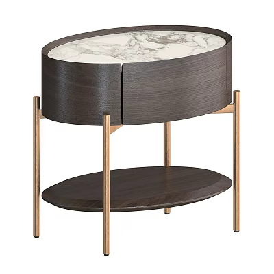 Modern Bedside Table With Round Marble Top Wooden Body And Metal Legs 3d model