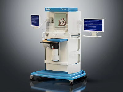 Mobile Medical Workstation With Two Monitors Blue White Console And Wheels For Clinical Use 3d model
