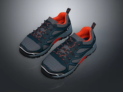 Gray And Navy Blue Sports Shoes With Orange Lining Red Laces Mesh Design Black Sole 3d model