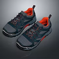 Gray And Navy Blue Sports Shoes With Orange Lining Red Laces Mesh Design Black Sole