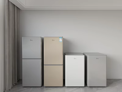Sleek Modern Interior With Gray Gold White Silver Upright Refrigerators and Freezers 3d model