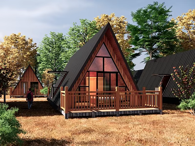Wooden Cabin with Triangular Roof and Wooden Deck in Lush Natural Surroundings 3d model