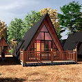 Wooden Cabin with Triangular Roof and Wooden Deck in Lush Natural Surroundings