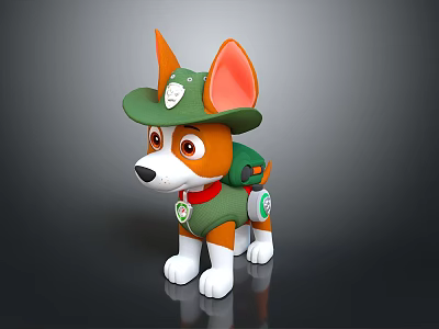 Plush Dog Toy With Green Hat Orange Ears Green Harness Red Collar Brown And White 3d model