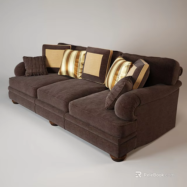 Brown Upholstered Sectional Sofa With Striped And Square Pattern Cushions 3d model