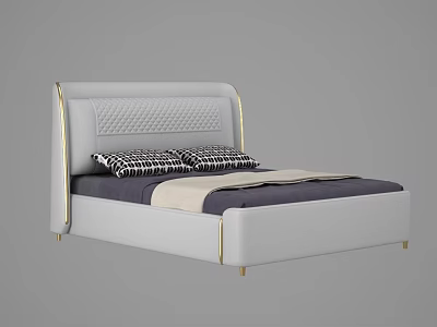 Modern Double Bed With White Headboard Gold Accents Diamond Stitching And Black White Checkered Pillows 3d model