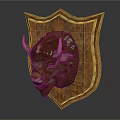 Decorative Metal Bull Head Sculpture On Wooden Shield Shaped Background With Relief Design
