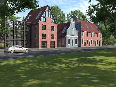 Scenic Commercial Street With Red Brick Buildings Gabled Roofs Green Trees And Parked Cars 3d model