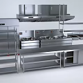 Commercial Stainless Steel Kitchen Appliances With Cooking Stations Shelves And Hoods