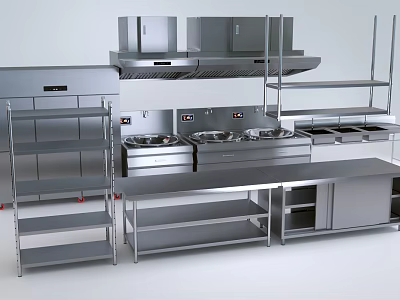 Commercial Stainless Steel Kitchen Appliances With Cooking Stations Shelves And Hoods 3d model