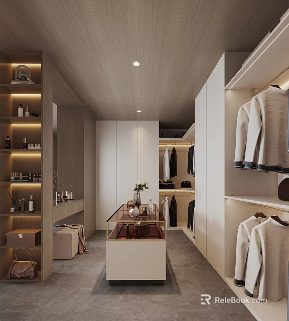 Modern Walk In Closet Interior With Storage Cabinets And Display Area 3d model 