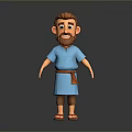 3D Man with Brown Hair Beard Blue Robe Brown Belt Barefoot on Gray Background