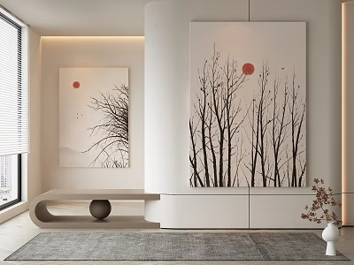 Modern Interior Design With Tree Branch Artworks Red Sun White Cabinet And Gray Rug 3d model
