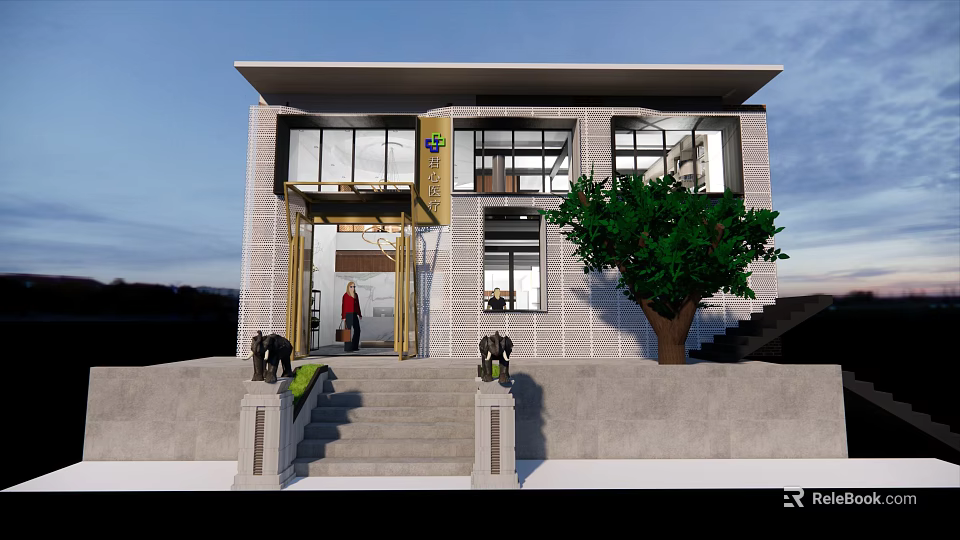 Modern Office Building Exterior With Glass Windows Entrance Steps And Tree 3d model 
