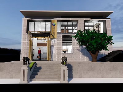 Modern Office Building Exterior With Glass Windows Entrance Steps And Tree 3d model