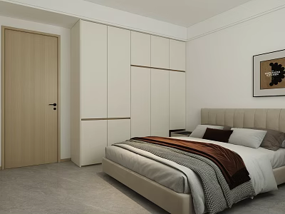 Modern Light Colored Wardrobe Sleek Design In Bedroom With Bed And Nightstand 3d model