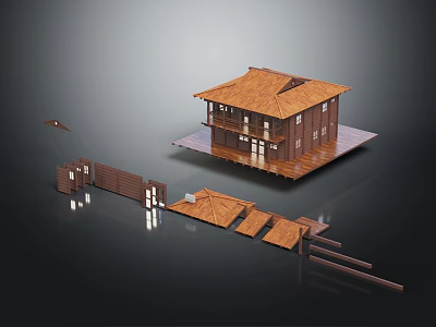 Wooden House With Sloped Wooden Roof And Wooden Terrace Fence And Steps 3d model